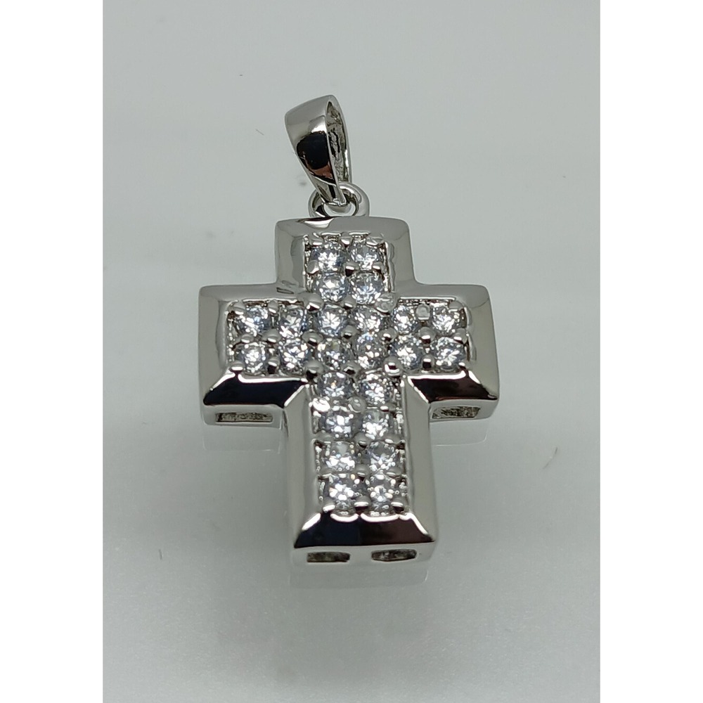 Elegant 90s Vintage Sterling Silver Cross Pendant with Sparkling White CZ Stones